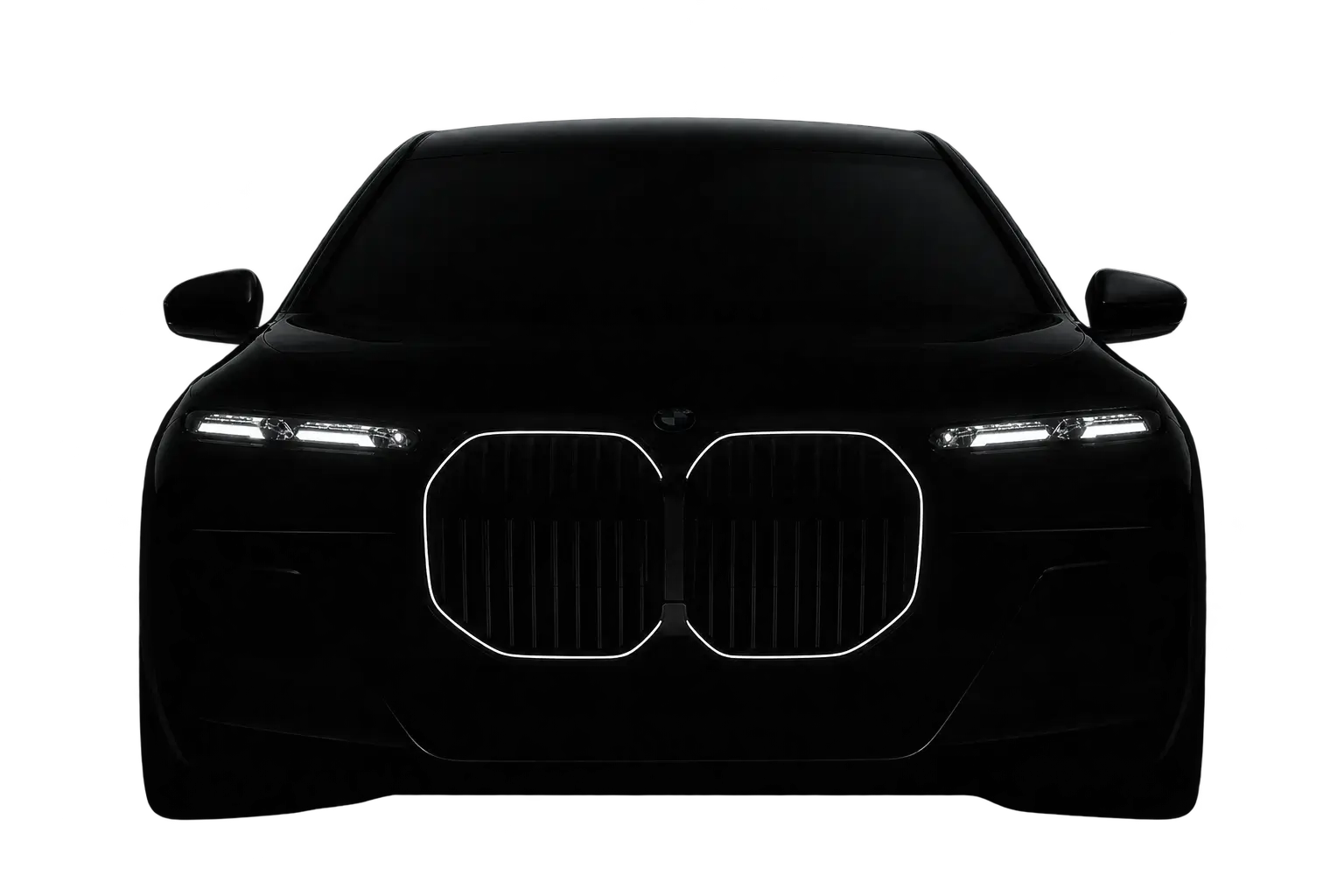Zwarte BMW i7 van voren in het donker